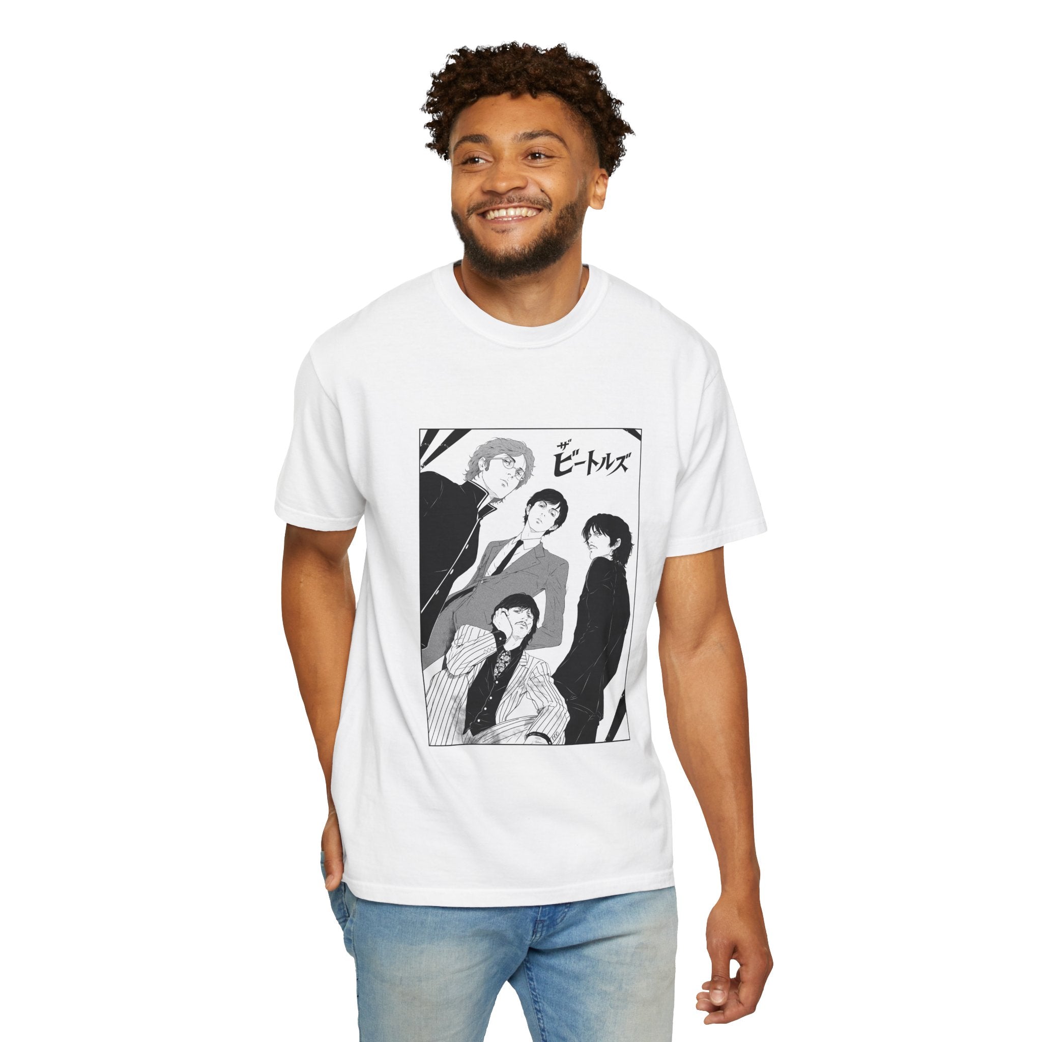 The Beatles Manga Style Band Tee – Black & White Graphic T-Shirt